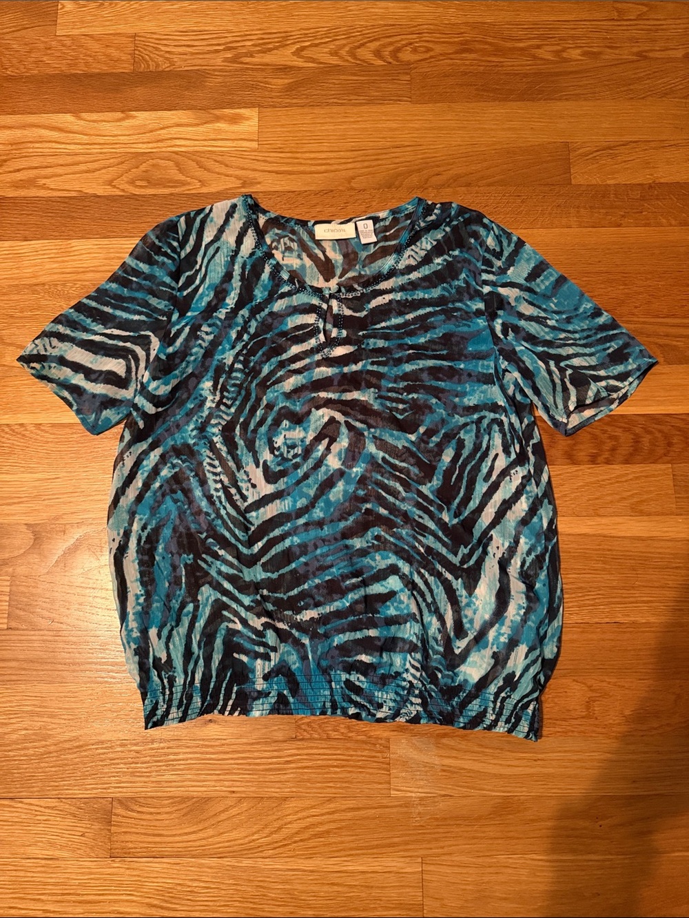 Chico's Blue Teal Zebra-Print Short Sleeve Blouse, chicos size 0, small/4